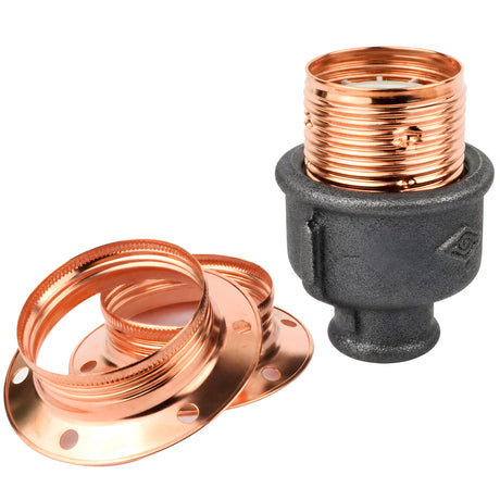 E27-lamphouderset van glanzend koperkleurig metaal op fitting 1/2'' (15x21mm) met binnendraad van voordelig zwart gietijzer