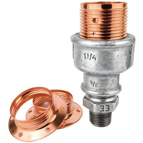 E27-lamphouderset van glanzend koperkleurig metaal op fitting 1/2'' (15x21mm) met buitendraad van gegalvaniseerd gietijzer