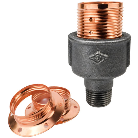 E27-lamphouderset van glanzend koperkleurig metaal op fitting 1/2'' (15x21mm) met buitendraad van voordelig zwart gietijzer