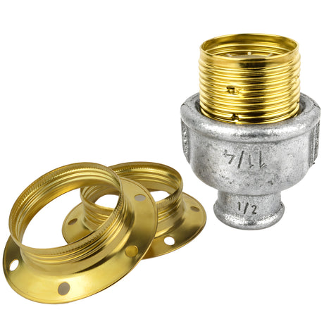 E27-lamphouderset van glanzend messingkleurig metaal op fitting 1/2'' (15x21mm) met binnendraad van gegalvaniseerd gietijzer