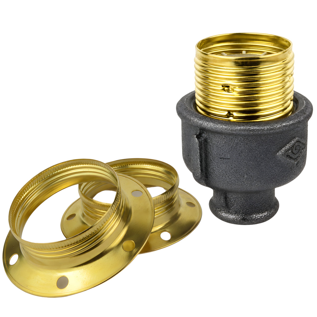 E27-lamphouderset van glanzend messingkleurig metaal op fitting 1/2'' (15x21mm) met binnendraad van voordelig zwart gietijzer
