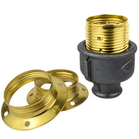 E27-lamphouderset van glanzend messingkleurig metaal op fitting 1/2'' (15x21mm) met binnendraad van voordelig zwart gietijzer