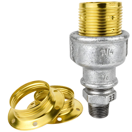 E27-lamphouderset van glanzend messingkleurig metaal op fitting 1/2'' (15x21mm) met buitendraad van gegalvaniseerd gietijzer