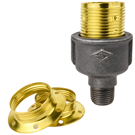 E27-lamphouderset van glanzend messingkleurig metaal op fitting 1/2'' (15x21mm) met buitendraad van voordelig zwart gietijzer