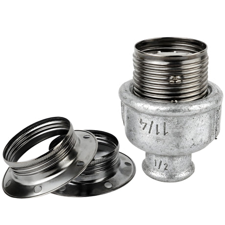 E27-lamphouderset van glanzend zwart metaal op fitting 1/2'' (15x21mm) met binnendraad van gegalvaniseerd gietijzer