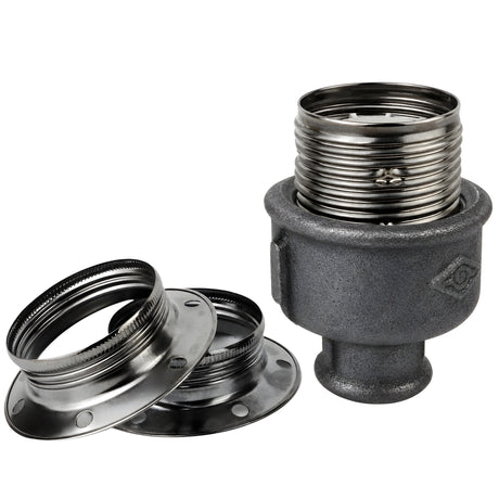 E27-lamphouderset van glanzend zwart metaal op fitting 1/2'' (15x21mm) met binnendraad van voordelig zwart gietijzer