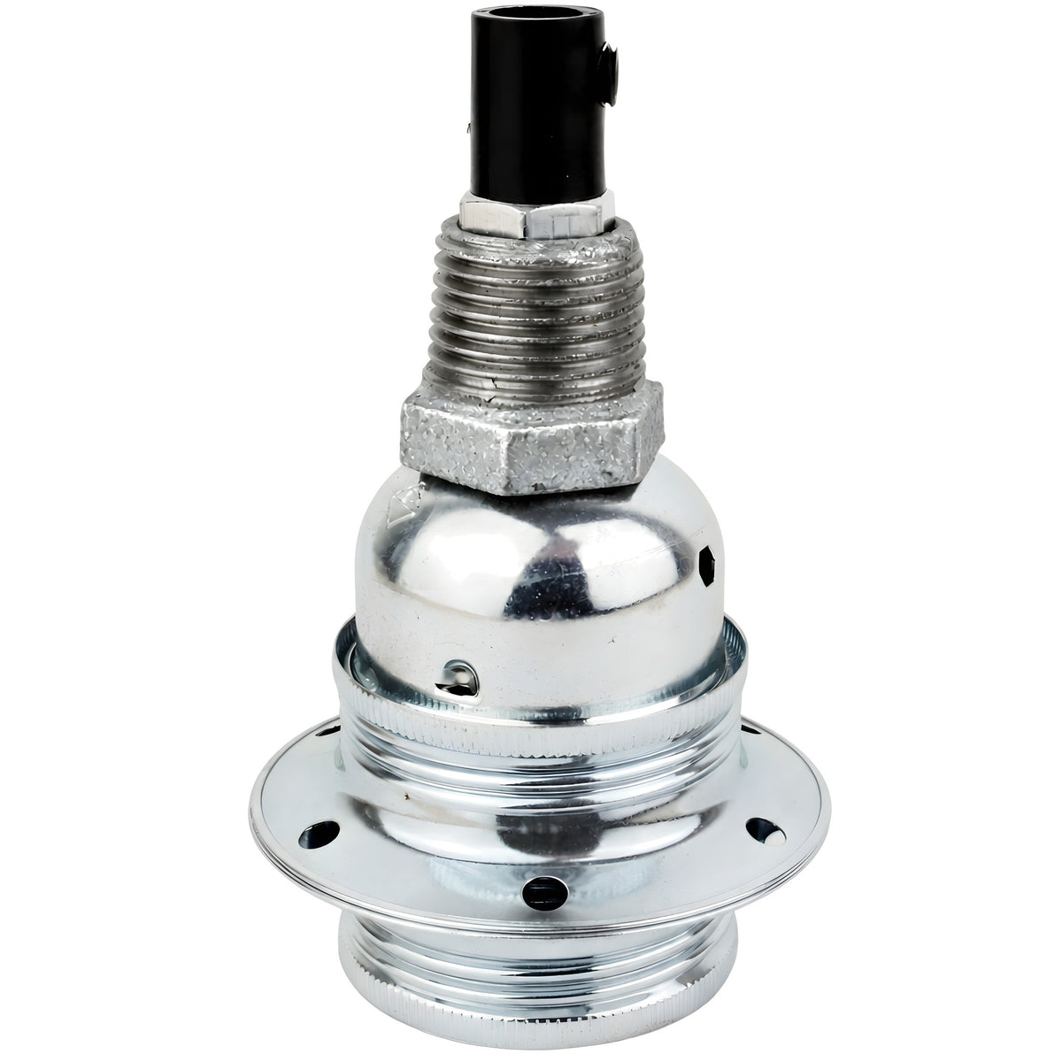 E27-lamphouderset van glanzend zilverkleurig metaal op fitting 1/2'' (15x21mm) met buitendraad van gegalvaniseerd gietijzer