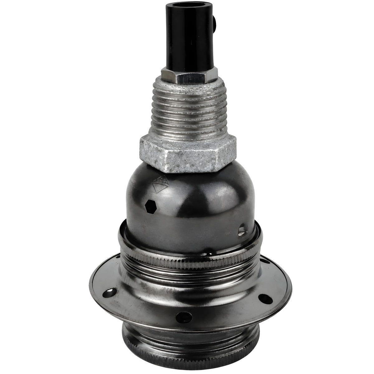 E27-lamphouderset van glanzend zwart metaal op fitting 1/2'' (15x21mm) met buitendraad van gegalvaniseerd gietijzer