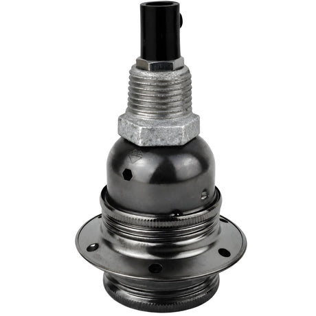 E27-lamphouderset van glanzend zwart metaal op fitting 1/2'' (15x21mm) met buitendraad van gegalvaniseerd gietijzer