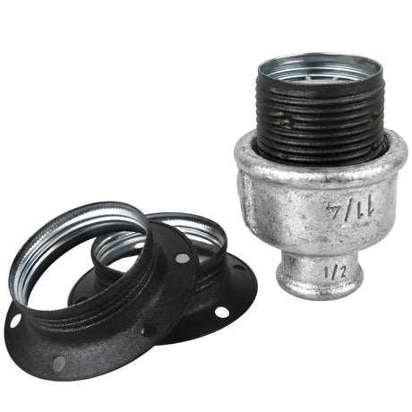 E27-lamphouderset van mat grijs metaal op fitting 1/2'' (15x21mm) met binnendraad van gegalvaniseerd gietijzer