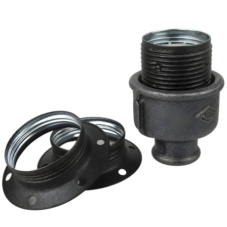 E27-lamphouderset van mat grijs metaal op fitting 1/2'' (15x21mm) met binnendraad van voordelig zwart gietijzer