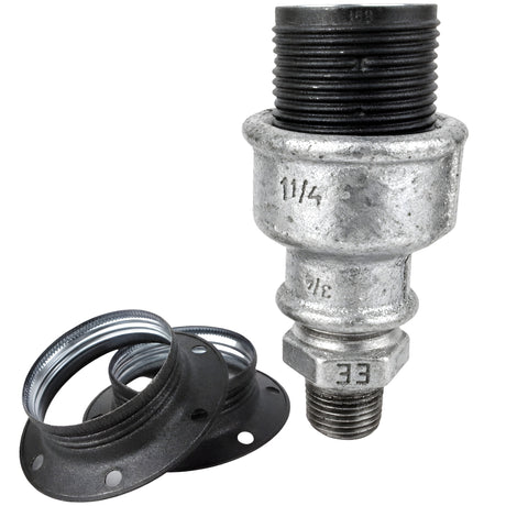 E27-lamphouderset van mat grijs metaal op fitting 1/2'' (15x21mm) met buitendraad van gegalvaniseerd gietijzer