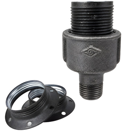 E27-lamphouderset van mat grijs metaal op fitting 1/2'' (15x21mm) met buitendraad van voordelig zwart gietijzer