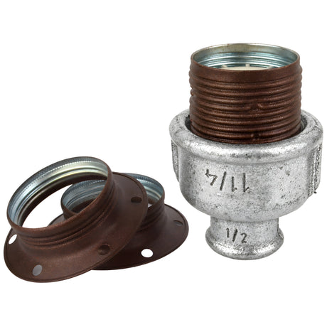 E27-lamphouderset van mat roestkleurig metaal op fitting 1/2'' (15x21mm) met binnendraad van gegalvaniseerd gietijzer