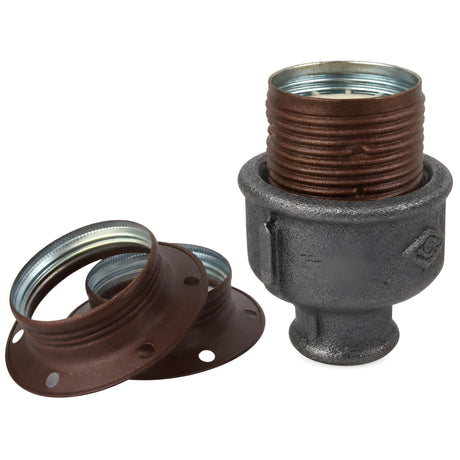 E27-lamphouderset van mat roestkleurig metaal op fitting 1/2'' (15x21mm) met binnendraad van voordelig zwart gietijzer