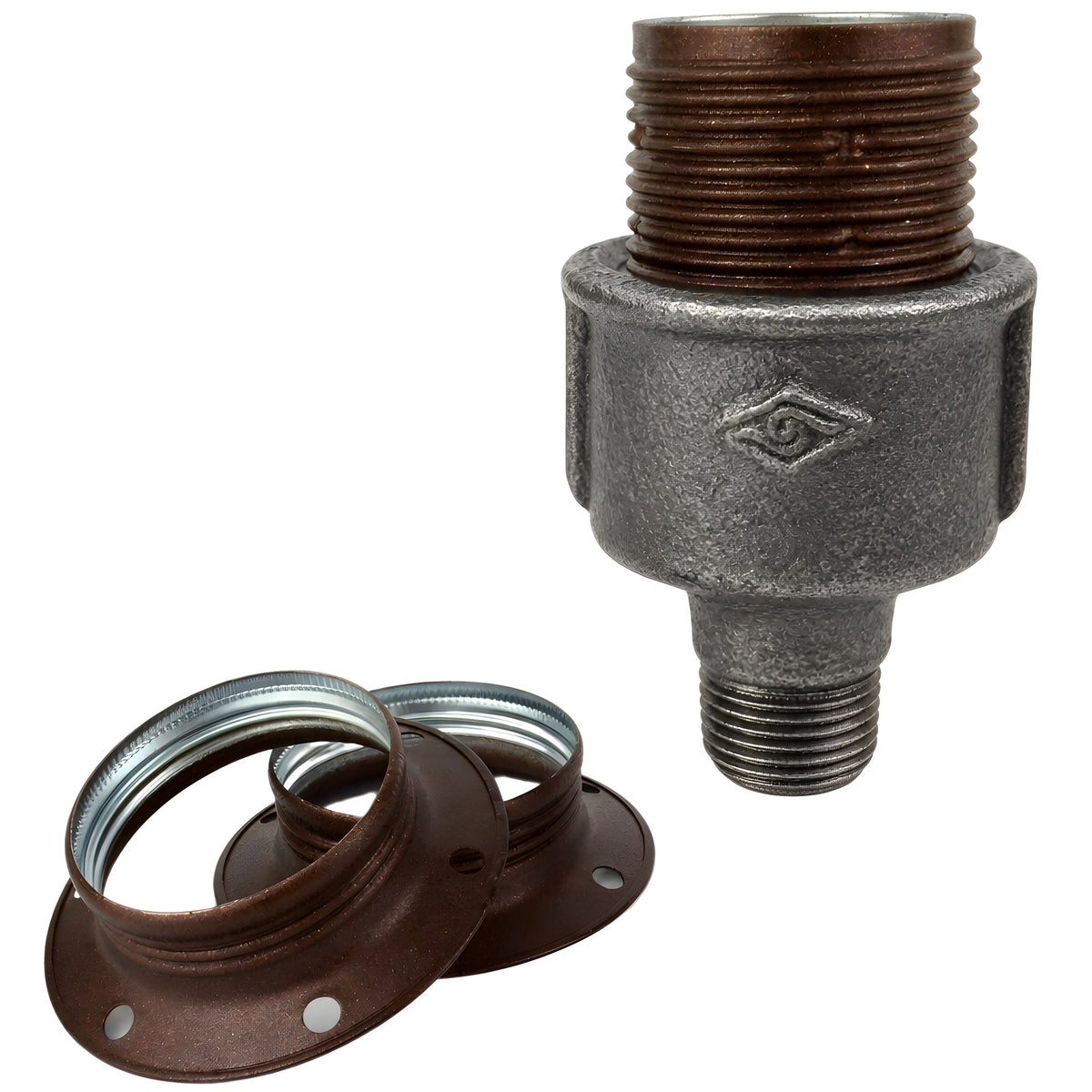 E27-lamphouderset van mat roestkleurig metaal op fitting 1/2'' (15x21mm) met buitendraad van voordelig zwart gietijzer