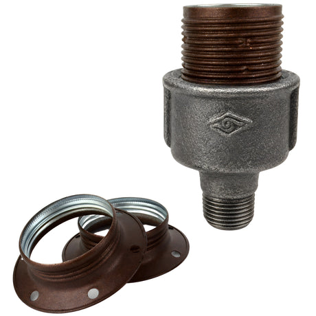 E27-lamphouderset van mat roestkleurig metaal op fitting 1/2'' (15x21mm) met buitendraad van voordelig zwart gietijzer