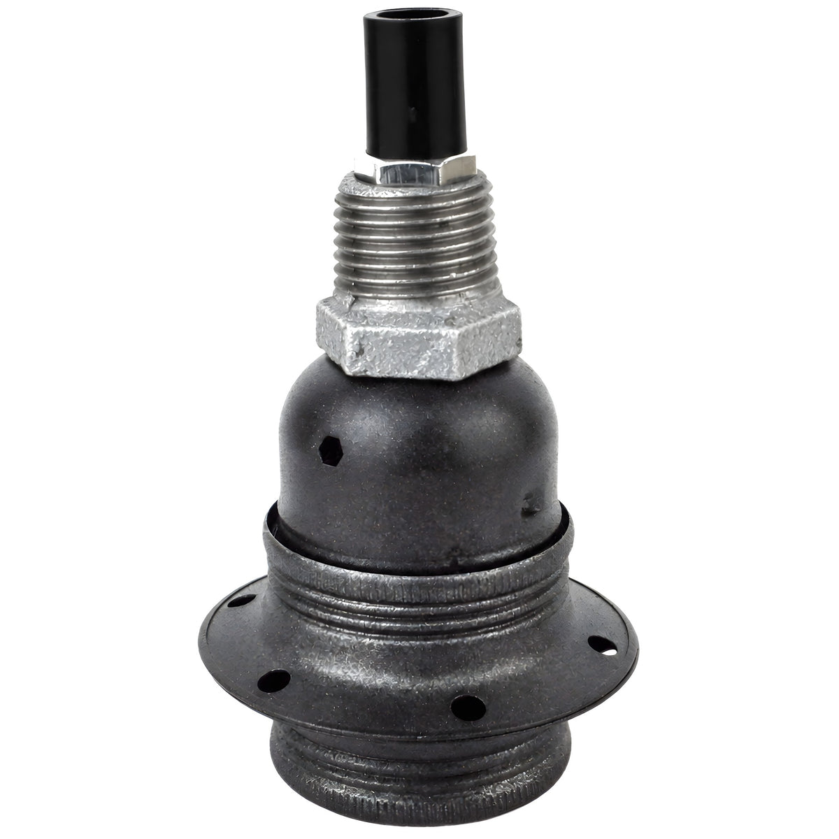 E27-lamphouderset van mat grijs metaal op fitting 1/2'' (15x21mm) met buitendraad van gegalvaniseerd gietijzer