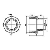 Technische maattekening: messing verloopnippel BU/BU (ref. 1245)