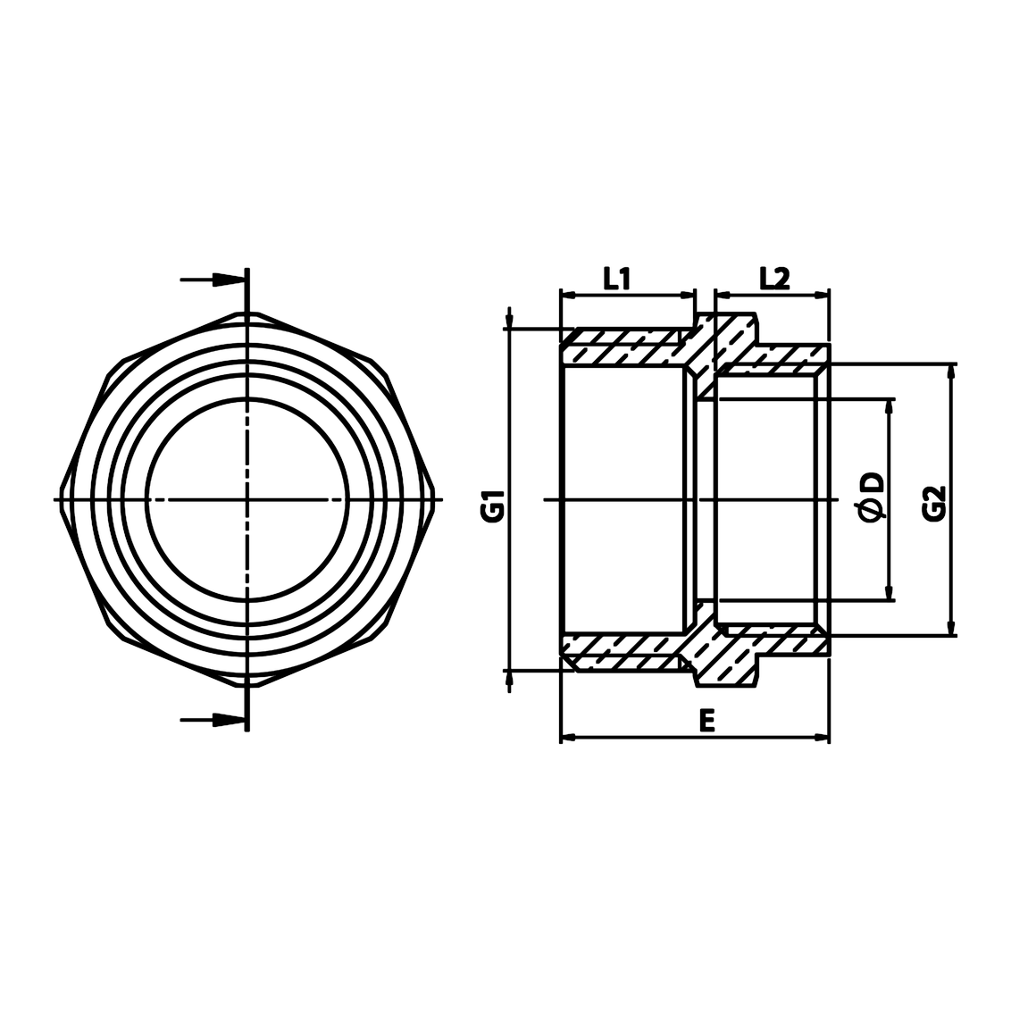 Technische maattekening: messing verloopnippel BU/BI (ref. 1247)
