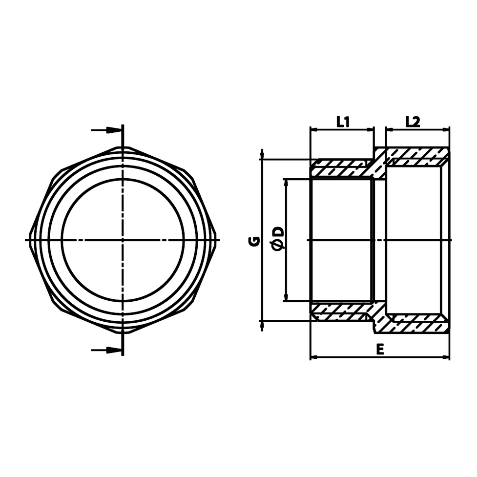 Technische maattekening: messing gelijke nippel BU/BI (ref. 1281)