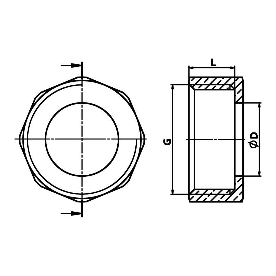 Technische maattekening: messing wartelmoer voor felsrand (ref. 1612)