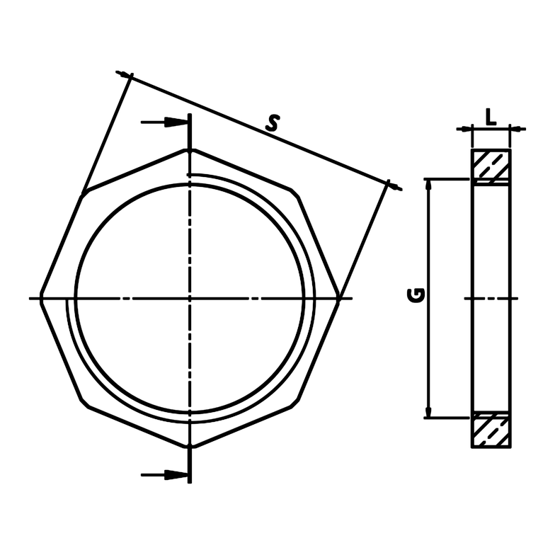 Technische maattekening: messing contramoer (ref. 1613)