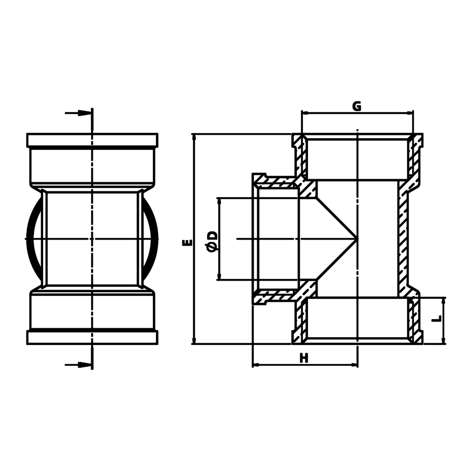 Dessin technique coté : Té égal F/F/F laiton (réf. 2130)