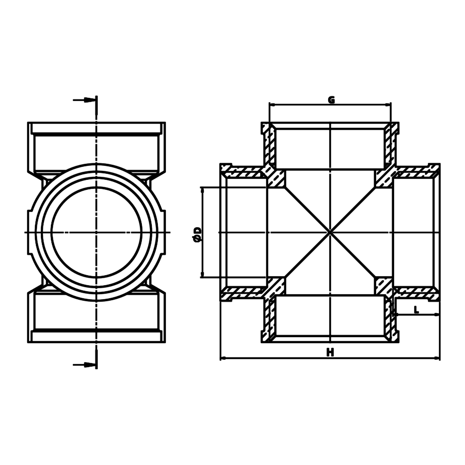 Dessin technique coté : Croix F/F/F/F laiton (réf. 2180)