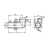Technische maattekening: messing hoekkoppeling BU/BI met conische zitting (ref. 221)