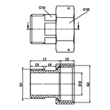 Technische maattekening: messing halve meterkoppeling, G-draad (ref. 2308)