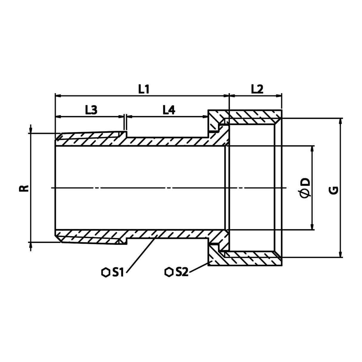 Technische maattekening: messing halve meterkoppeling, conische R-draad (ref. 2309)