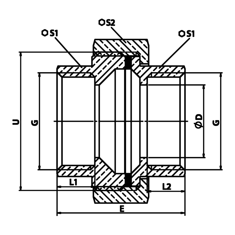 Technische maattekening: messing koppeling BI/BI met vlakke zitting, EPDM-pakking (ref. 2330)