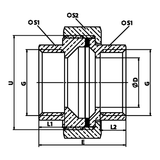 Technische maattekening: messing koppeling BI/BI met vlakke zitting, EPDM-pakking (ref. 2330)