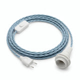 Gedraaid strijkijzersnoer met stekker, katoen oceaanblauw, fitting E14 met ringen voor lampenkap