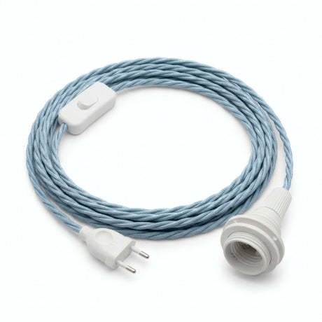 Gedraaid strijkijzersnoer met stekker, katoen oceaanblauw, fitting E14 met ringen voor lampenkap