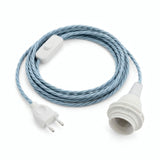 Gedraaid strijkijzersnoer met stekker, katoen oceaanblauw, fitting E27 met ringen voor lampenkap