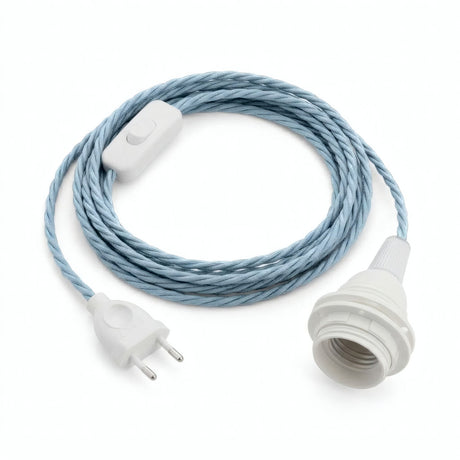 Gedraaid strijkijzersnoer met stekker, katoen oceaanblauw, fitting E27 met ringen voor lampenkap