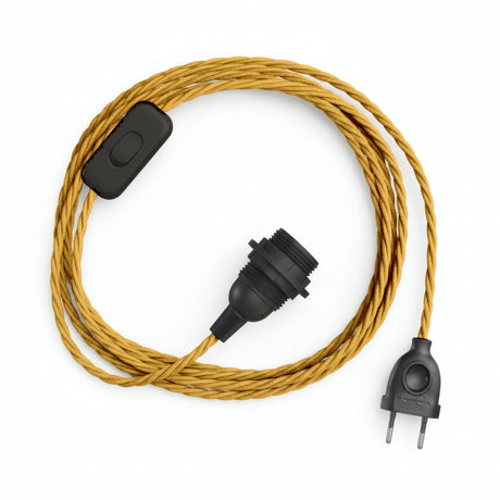 Gedraaid strijkijzersnoer met stekker, zijde-effect mosterdgeel, fitting E14 met ringen voor lampenkap