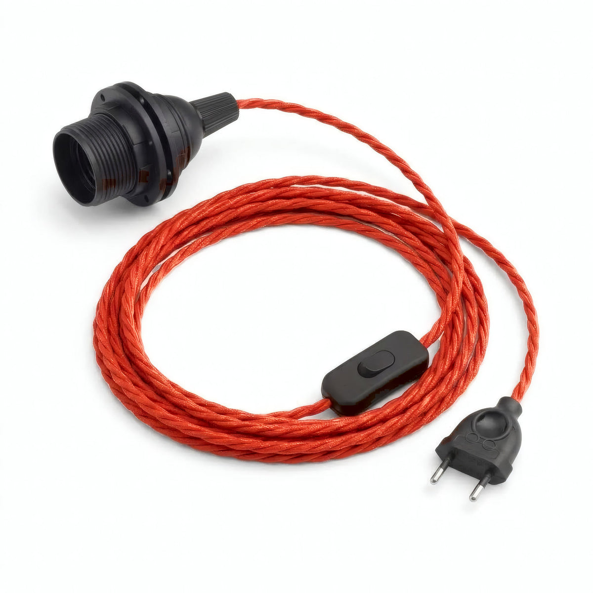 Gedraaid strijkijzersnoer met stekker, zijde-effect vuurrood, fitting E27 met ringen voor lampenkap