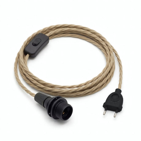 Gedraaid strijkijzersnoer met stekker, jute naturel, fitting E14 met ringen voor lampenkap