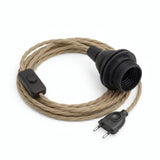 Gedraaid strijkijzersnoer met stekker, jute naturel, fitting E27 met ringen voor lampenkap