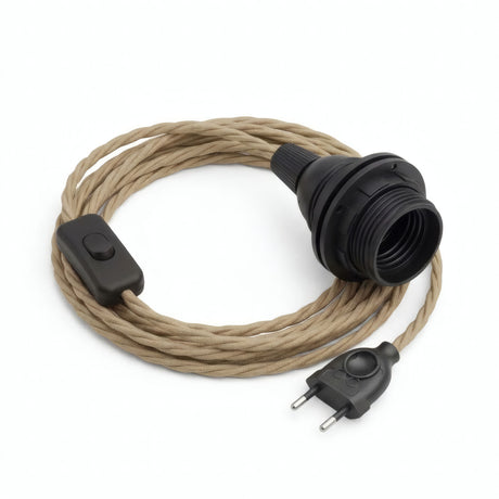 Gedraaid strijkijzersnoer met stekker, jute naturel, fitting E27 met ringen voor lampenkap