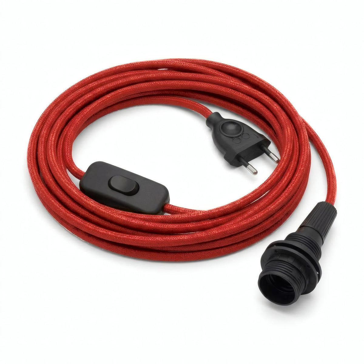 Effen strijkijzersnoer met stekker, katoen vuurrood, fitting E14 met ringen voor lampenkap