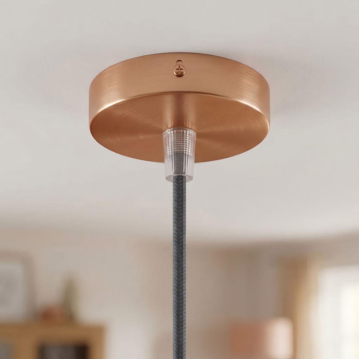 Cilindrische mini-plafondkap van metaal, Ø 83 mm — 1 centrale opening / Conisch thermoplast / Satijn koper