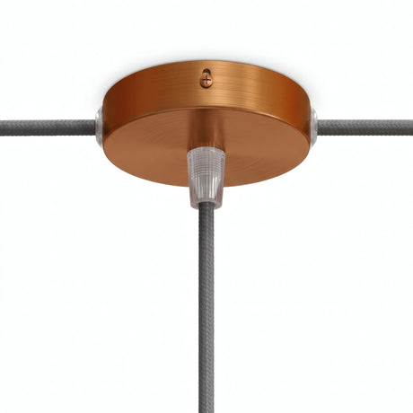 Cilindrische mini-plafondkap van metaal, Ø 83 mm — 1 centrale en 2 zijopeningen / Conisch thermoplast / Satijn koper