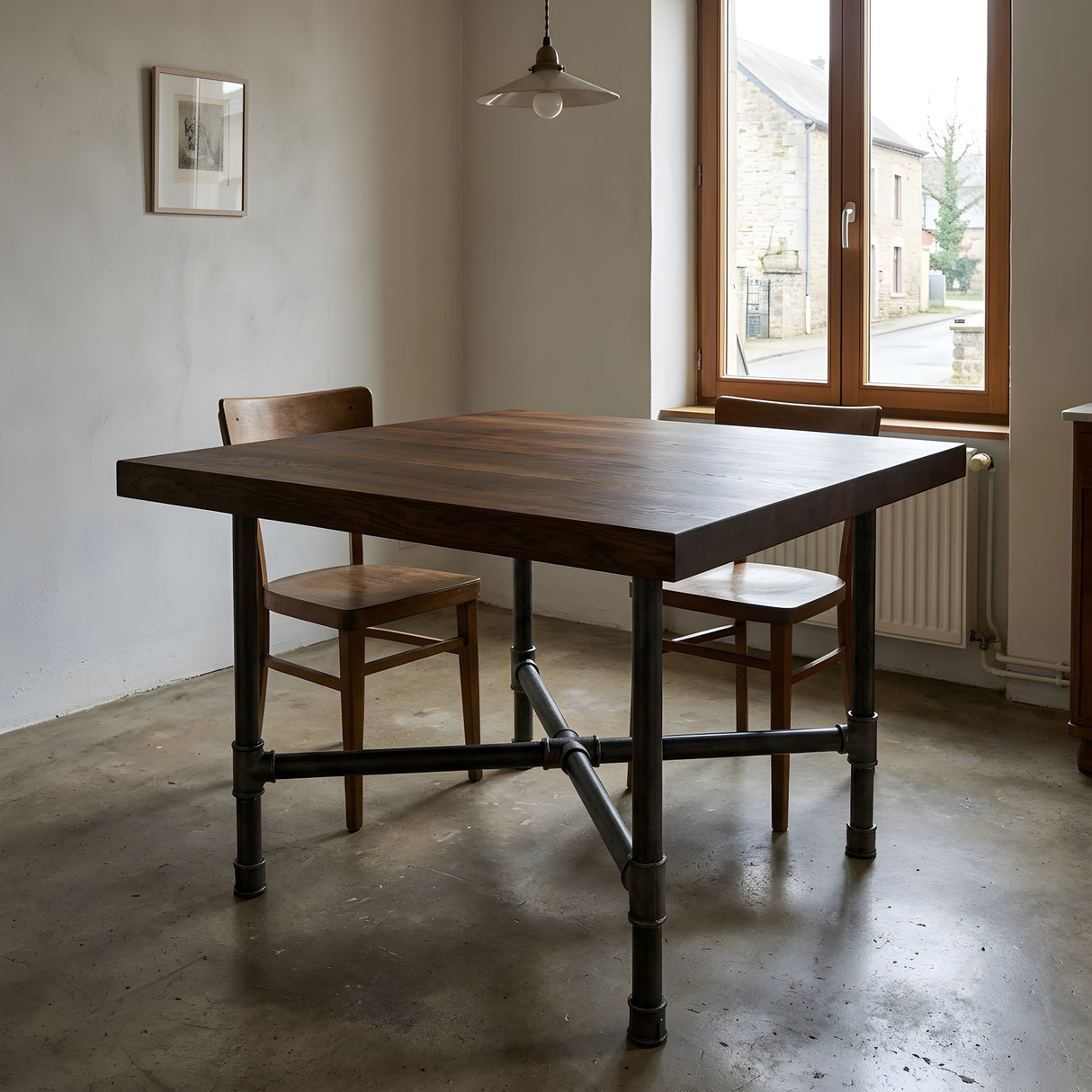 Eettafelonderstel, gietijzer en gelakt staal, kruispoten Ø 42 mm, in een interieur onder een dik blad van gerookt eiken