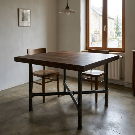 Eettafelonderstel, gietijzer en gelakt staal, kruispoten Ø 42 mm, in een interieur onder een dik blad van gerookt eiken