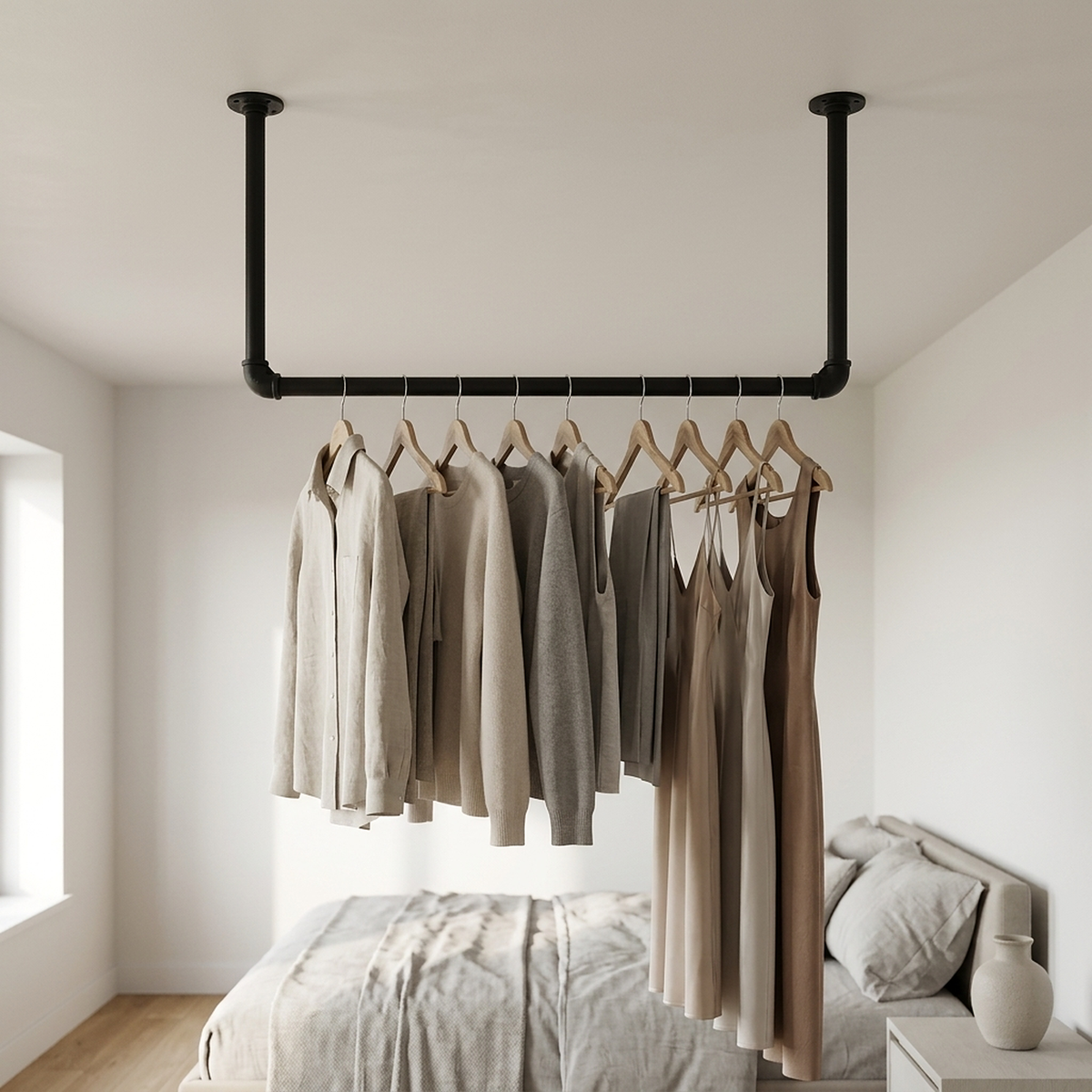 Aan het plafond hangend kledingrek van zwarte buis in een slaapkamer, kleding aan houten hangers