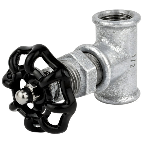 Fitting 1/2'' in afsluiterstijl van gegalvaniseerd gietijzer met zwart handwiel 52 mm, roestvrijstalen moer